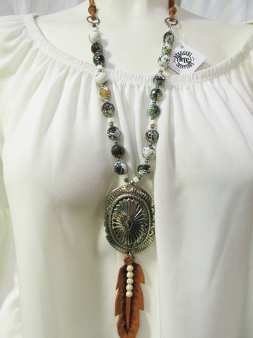 Large Concho with Leather Feather Necklace