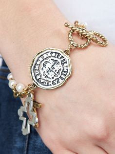 Medallion Charm Bracelet with Two Cross's