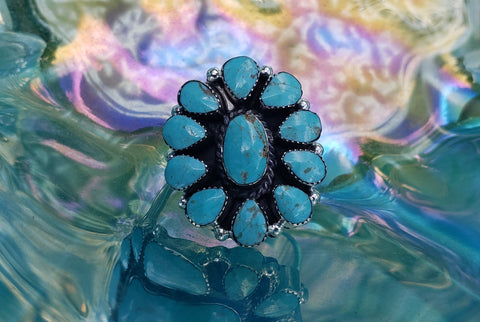 Native American Made Sterling Silver and Turquoise Cluster Ring