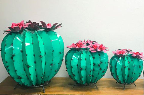 Metal Assorted Colors Pincushion Cactus with Flowers