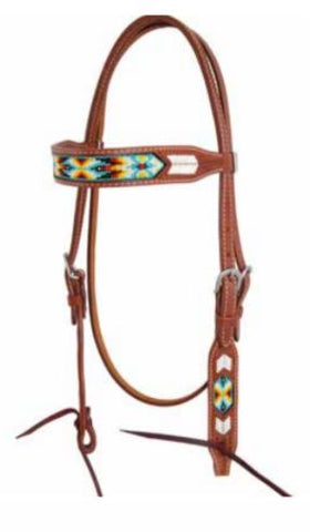 Peyote Collection Rawhide Stitching and Beaded Inlay Browband Headstall