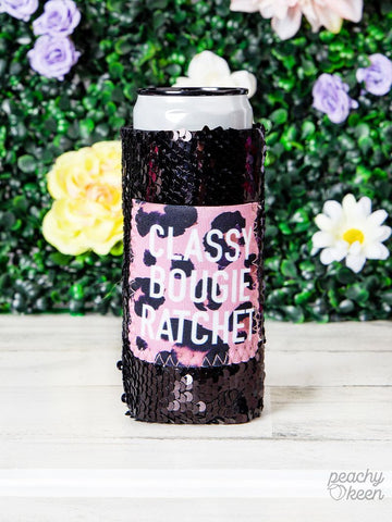 PEACHY KEEN CLASSY BOUGIE RATCHET SEQUIN CAN COOLERS FOR SLIM CAN