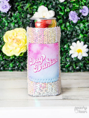 PEACHY KEEN DAY DRINKIN' SEQUIN CAN COOLERS FOR SLIM CAN