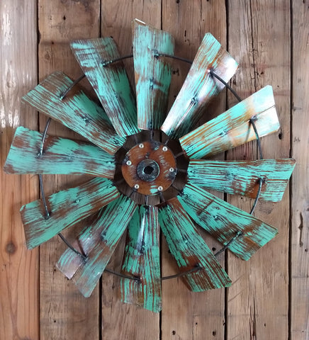Metal Turquoise Wall Windmill