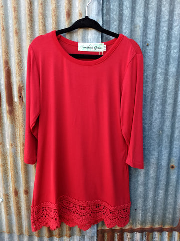 Girl's Lace Bottom 3/4 Sleeve Shirt - Red