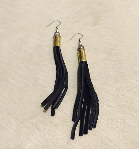 Ataggirl Black Leather Tassel Earrings