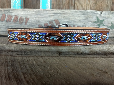 Tooled Brown & Blue Beaded Inlay Belt