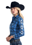 Women's Panhandle Blue Plaid with Aztec Embroidery Button Up