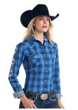 Women's Panhandle Blue Plaid with Aztec Embroidery Button Up
