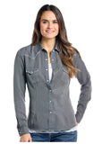 Panhandle Women's Grey White Stitch Snap Button Up