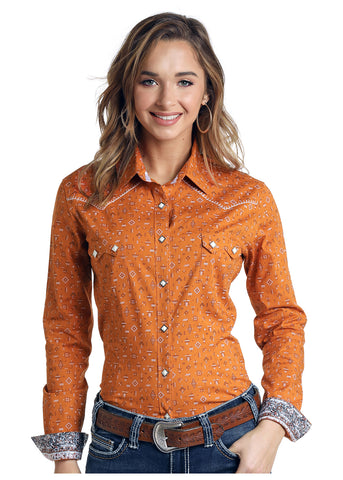 Women's Long Sleeve Orange Paisley Snap Shirt