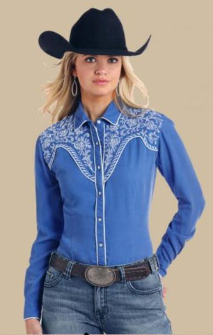 Panhandle Women's Cobalt Embroidered Shoulder Snap Shirt