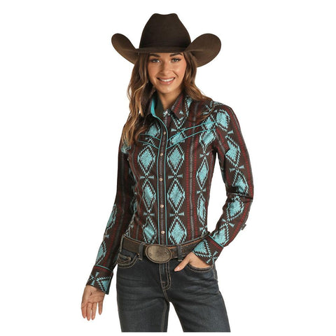 Rock & Roll Cowgirl Juniors Aztec Print Long Sleeve Snap Western Shirt